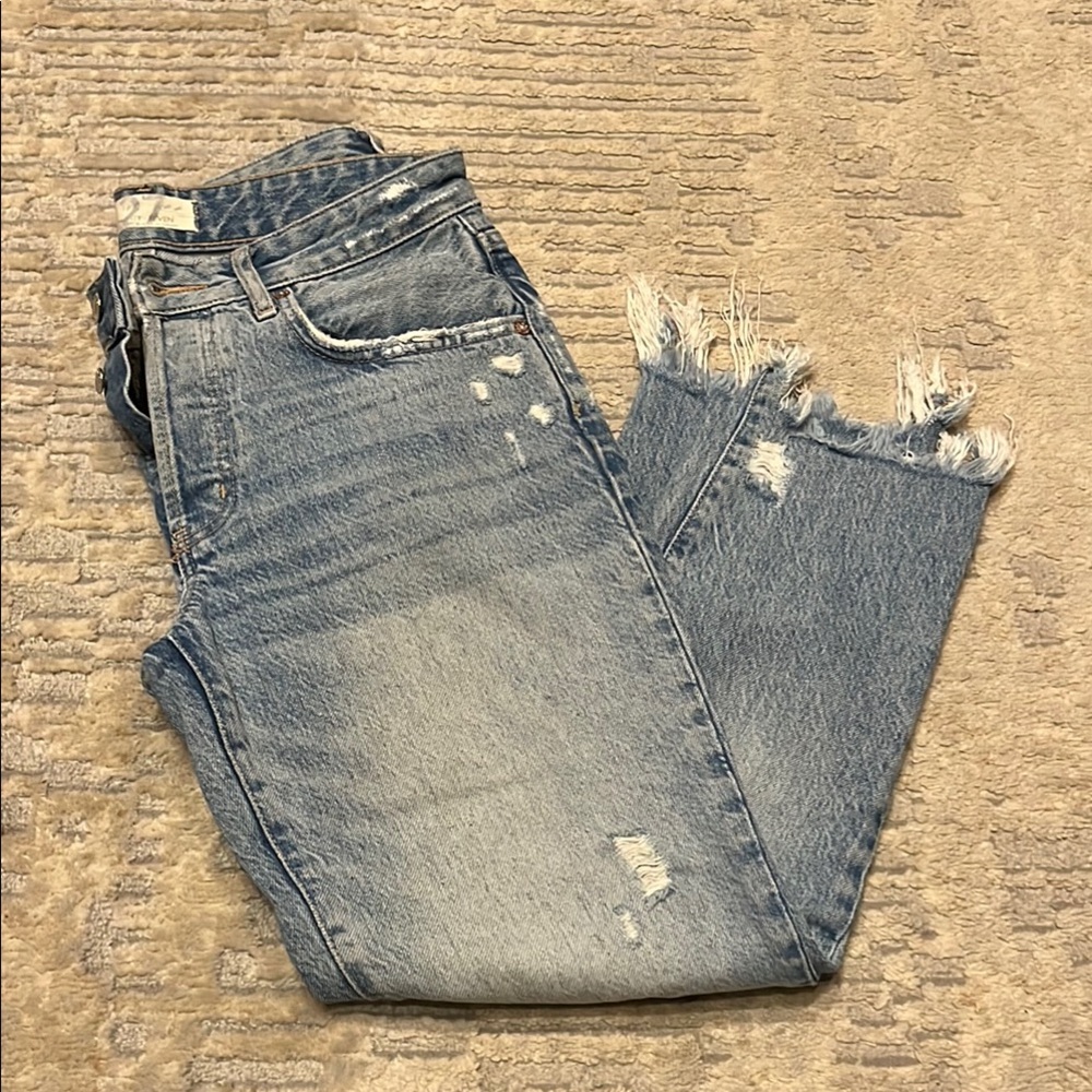 We The Free Blue Ankle Cropped Distressed Jeans